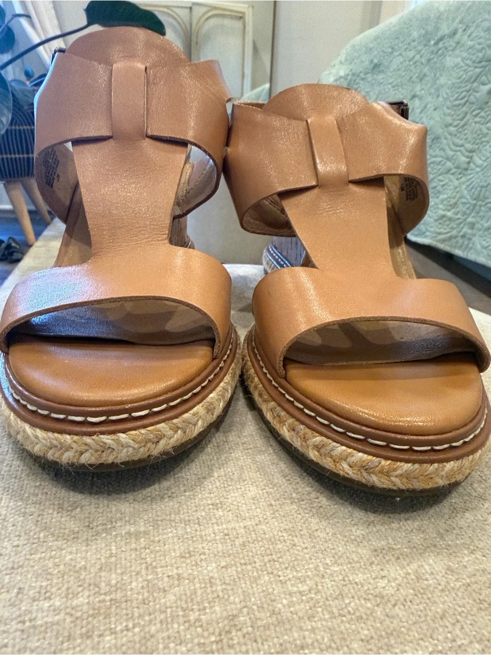 Crown Vintage Cognac Leather Strappy Wedge Sandals